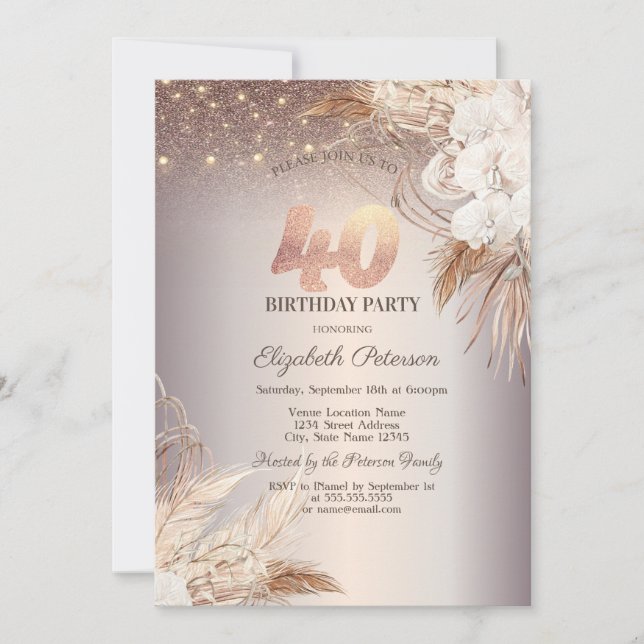 Boho Flowers,String Lights Glitter 40th Birthday Invitation (Front)