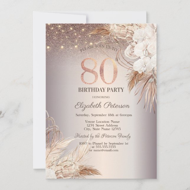Boho Flowers,String Lights Glitter 80th Birthday Invitation (Front)