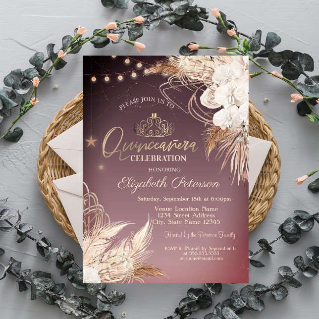 Boho Flowers String Lights Quinceañera Invitation (Creator Uploaded)