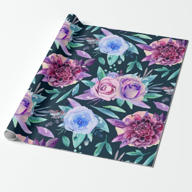 Boho flowers watercolor. Purple floral pattern Wrapping Paper (Unrolled)