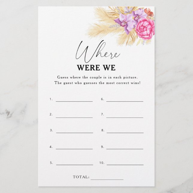 Boho flowers - Where were we bridal shower game (Front)
