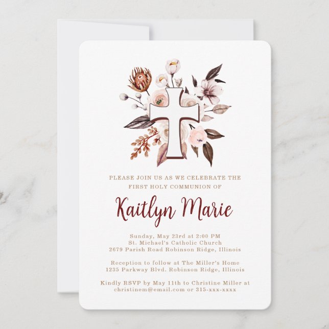  Boho Flowers with Cross First Holy Communion Invitation (Front)