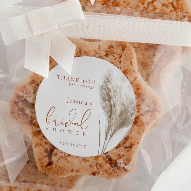 Boho Fluffy Pampas Grass Bridal Shower Thank You Classic Round Sticker (Creator Uploaded)