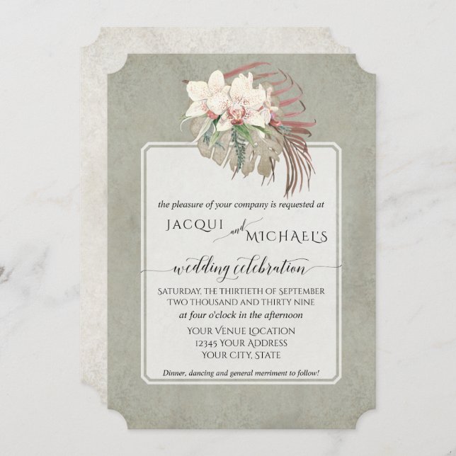 BOHO Foliage Sage Green White Orchid Floral Jungle Invitation (Front/Back)