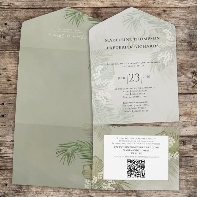 Boho Foliage Tropical Palm Leaves Budget QR Code  All In One Invitation (Creator Uploaded)