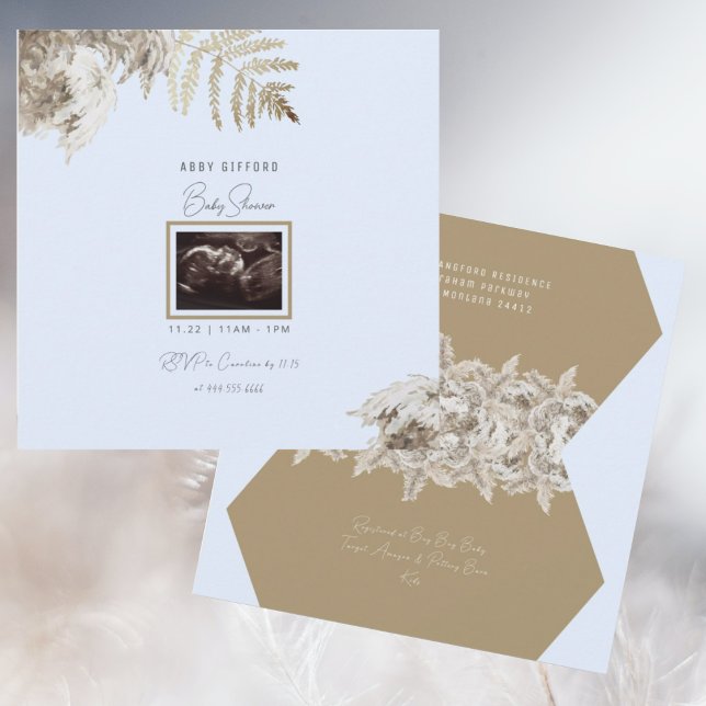 Boho Foliage Ultrasound Blue Baby Shower Invitatio Invitation (Creator Uploaded)