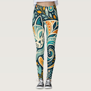 Boho Folk Art Cat and Floral Pattern Leggings