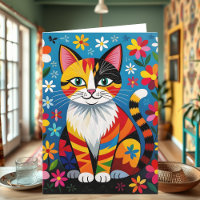 Boho Folk Art Cat, Flowers & Butterfly Birthday