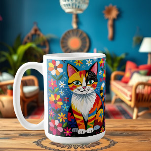 Boho Folk Art Cat, Flowers & Butterfly Coffee Mug