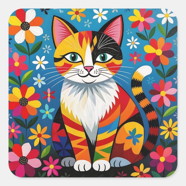 Boho Folk Art Cat, Flowers & Butterfly   Square Sticker (Front)