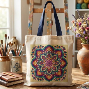 Boho Folk Art Flower Tote Bag