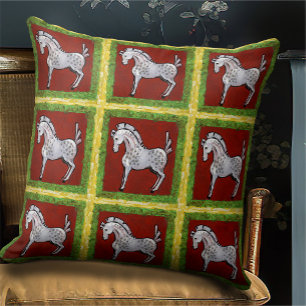 Boho Folk Art Red Plaid Horse Cottage Holiday Cushion