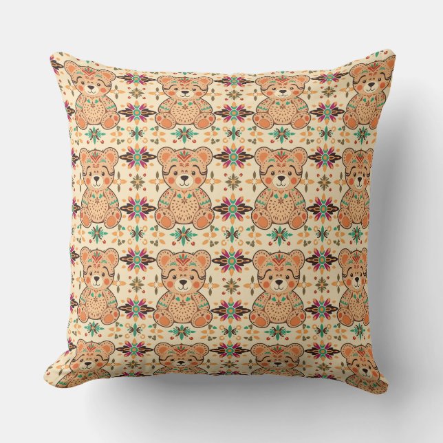 Boho Folk Art Teddy Bear Seamless Pattern Cushion (Front)