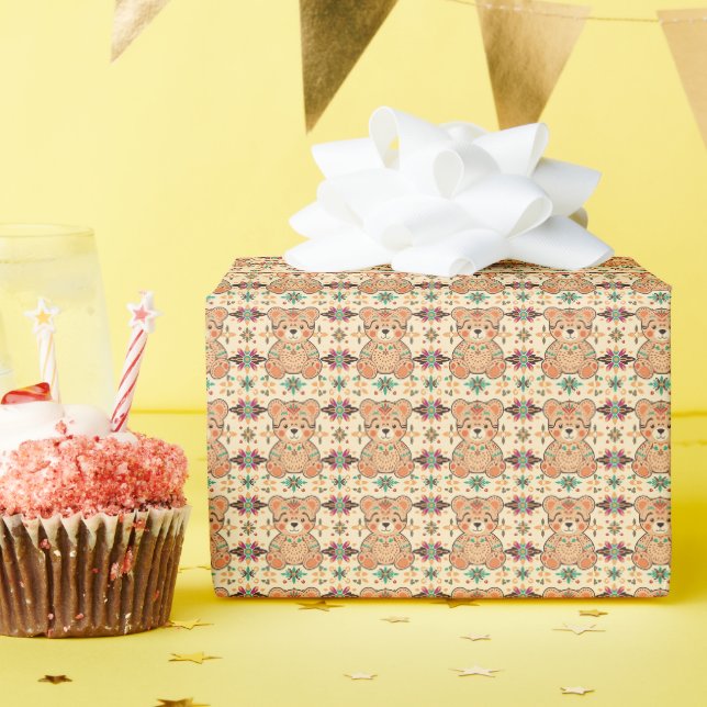 Boho Folk Art Teddy Bear Seamless Pattern Wrapping Paper (Birthday Party)