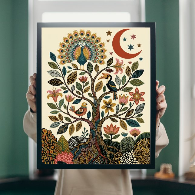 Boho Folk Art Tree of Life Peacock Celestial Poste Poster (Creator Uploaded)