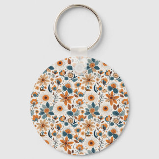 Boho Folk Art Wildflower Meadow Rust Teal Floral Key Ring