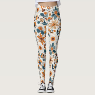 Boho Folk Art Wildflower Meadow Rust Teal Floral Leggings