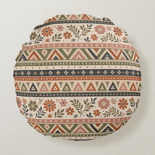Boho Folk Floral Geometric Seamless Pattern Round Cushion (Front)
