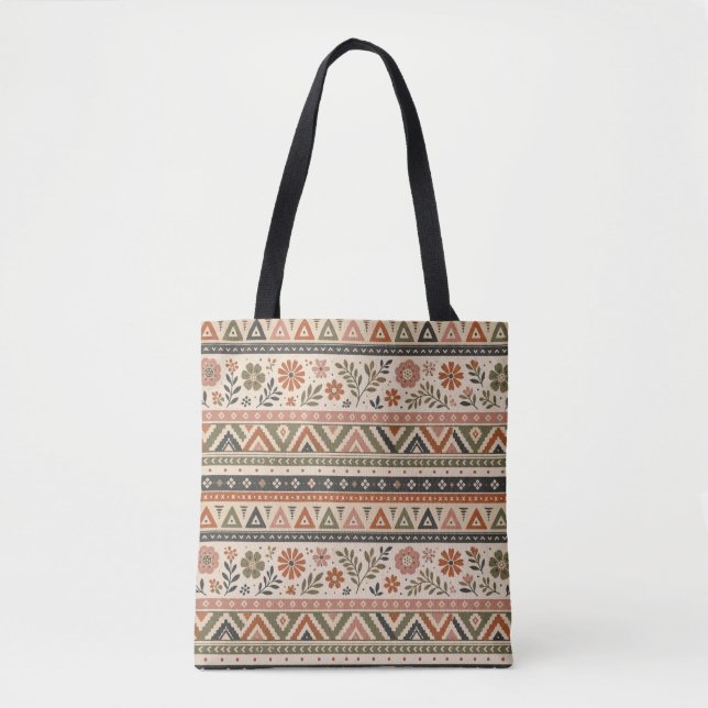 Boho Folk Floral Geometric Seamless Pattern Tote Bag (Front)