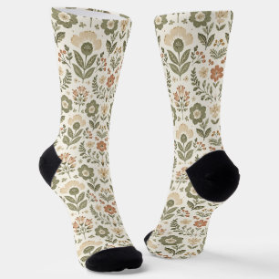 Boho Folk Flowers Earthy Colours Socks