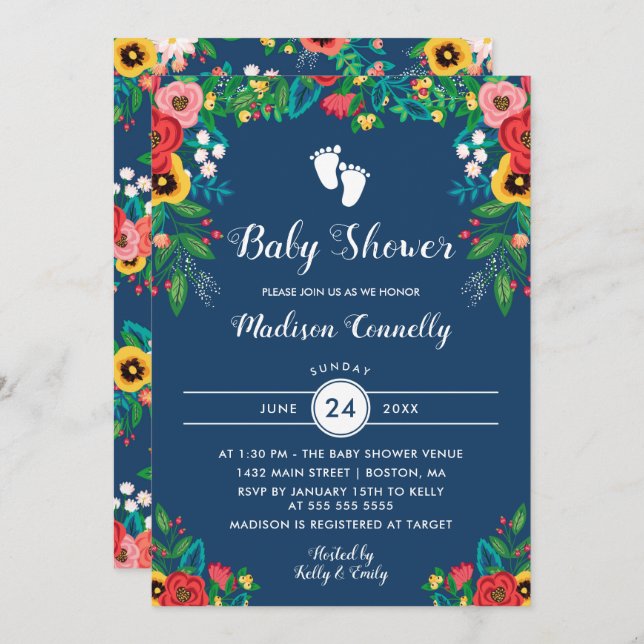 Boho Folk Flowers Footprints Baby Shower Invitation (Front/Back)