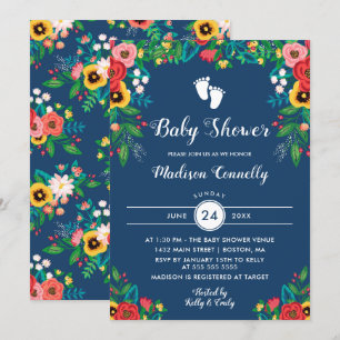 Boho Folk Flowers Footprints Baby Shower Invitation