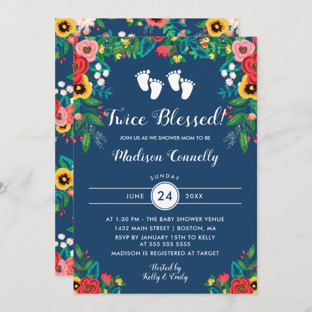 Boho Folk Flowers Twins Footprints Baby Shower Invitation (Front/Back)