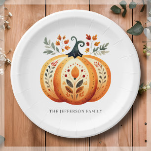 Boho Folk Pumpkin Thanksgiving Paper Plate