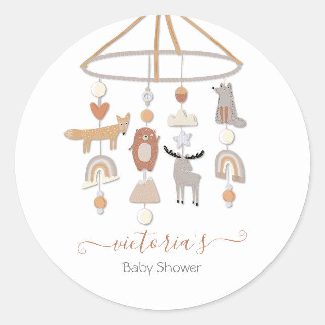 Boho Forest Animals Mobile Baby Shower Classic Round Sticker (Front)