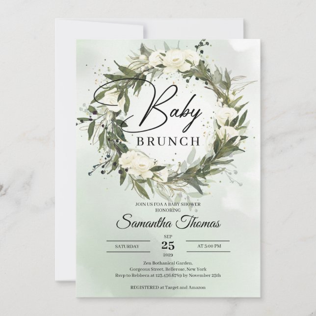 Boho Forest greenery foliage white roses brunch Invitation (Front)
