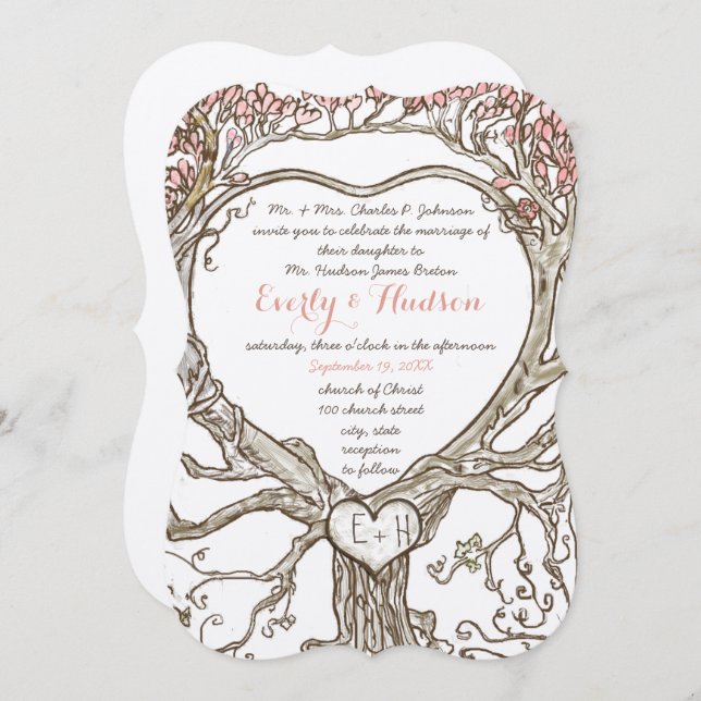 Boho Forest Heart Shaped Tree Initials in Trunk Invitation (Front/Back)