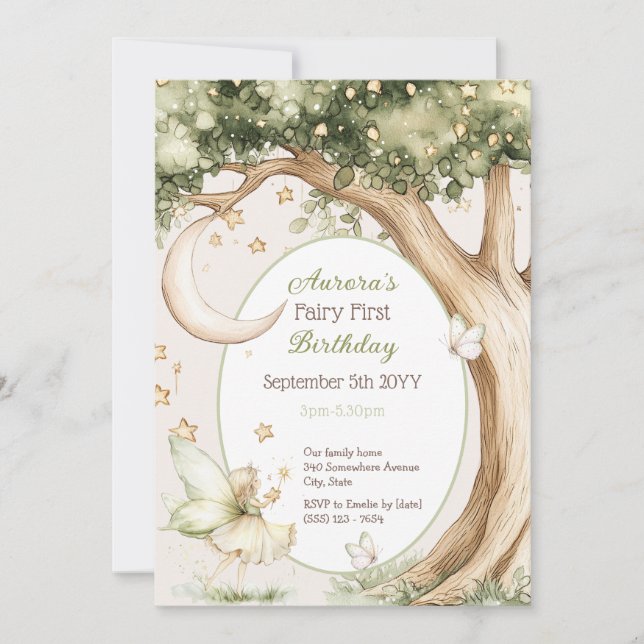 Boho forest watercolor Fairy First birthday Invitation (Front)