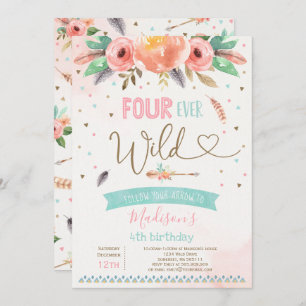 Boho Four Ever Wild Birthday Invitation Watercolor