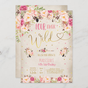 Boho Four Ever Wild Birthday Invitation Watercolor