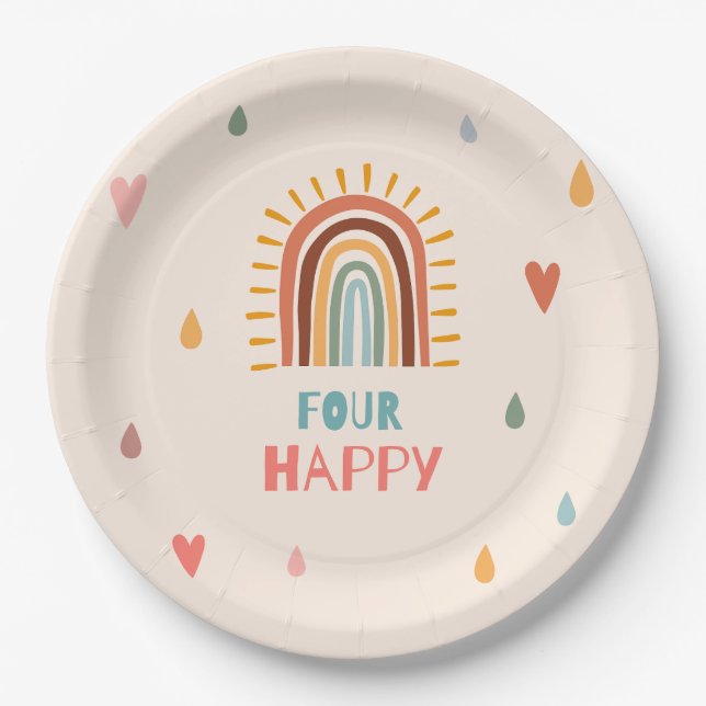 Boho four fourth Birthday Rainbow  Paper Plate (Front)