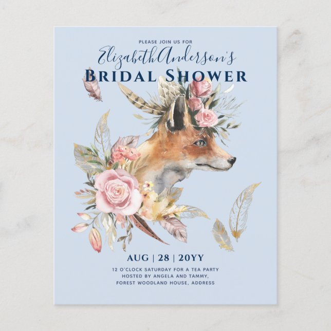 Boho FOX Bridal Shower Woodland Feathers Floral Flyer (Front)