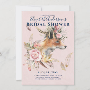 Boho FOX Bridal Shower Woodland Feathers Floral Invitation