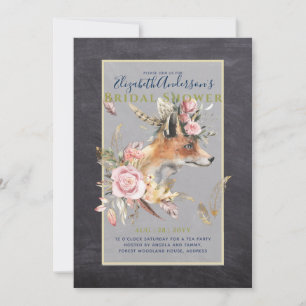 Boho FOX Bridal Shower Woodland Feathers Floral Invitation