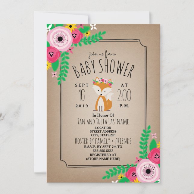 Boho Fox Cardstock Inpired Stripe Baby Shower Invitation (Front)
