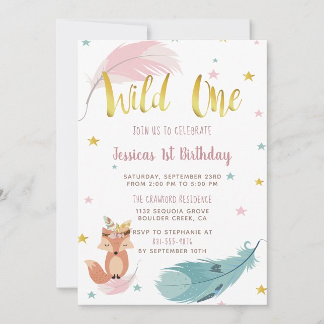 Boho Fox & Gold Script Wild One Birthday Party Invitation (Front)