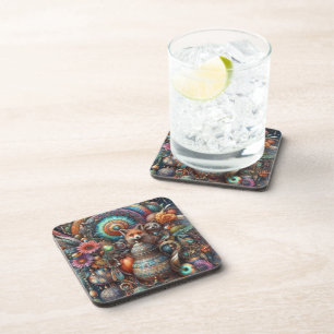 Boho Fox Racoon Floral Design Coaster