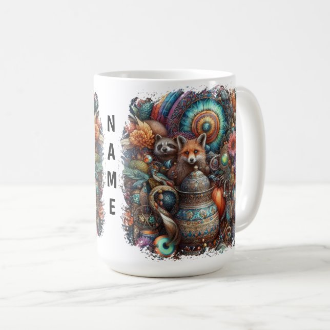 Boho Fox Racoon Floral Design Coffee Mug (Front Right)