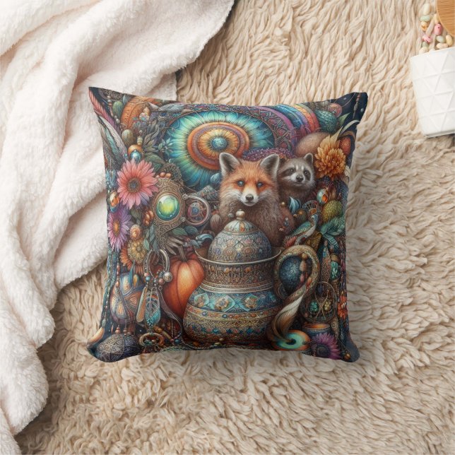 Boho Fox Racoon Floral Design Cushion (Blanket)