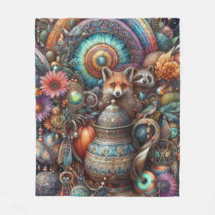 Boho Fox Racoon Floral Design Fleece Blanket