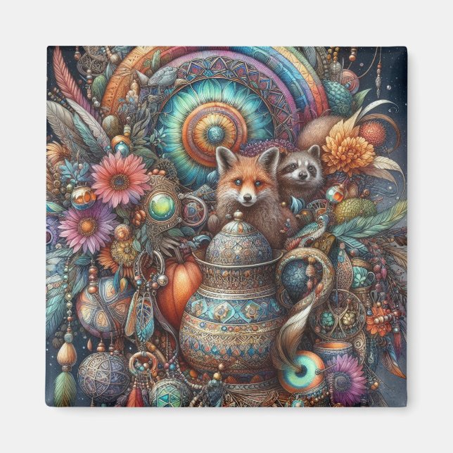 Boho Fox Racoon Floral Design Magnet (Front)