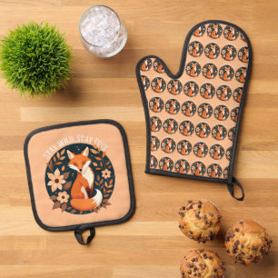 Boho Fox "Stay Wild, Stay Free" Woodland Design Oven Mitt & Pot Holder Set