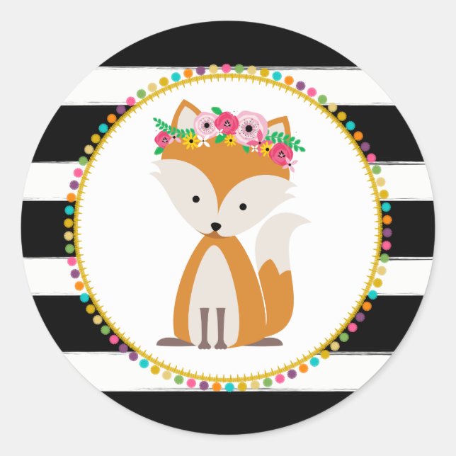 Boho Fox Striped Pompom Inspired Baby Shower Classic Round Sticker (Front)