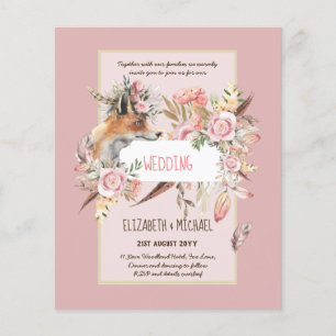 BOHO Fox Wedding Invitations Burgundy Pink Feather Flyer