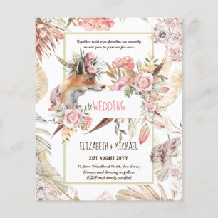 BOHO Fox Wedding Invitations Burgundy Pink Feather Flyer