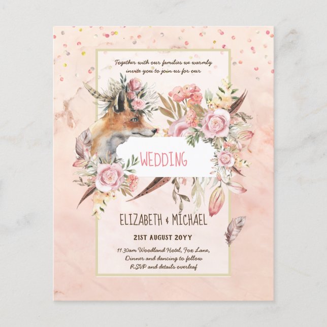 BOHO Fox Wedding Invitations Burgundy Pink Feather Flyer (Front)